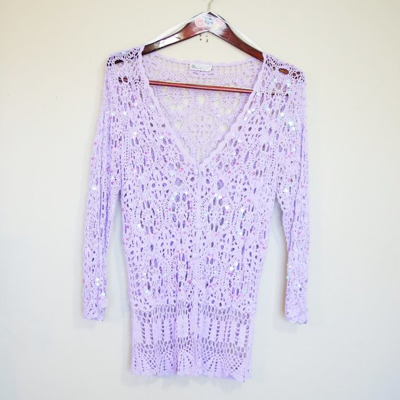 lilac iridescent sequin knit button up cardigan - Picture 2 of 9
